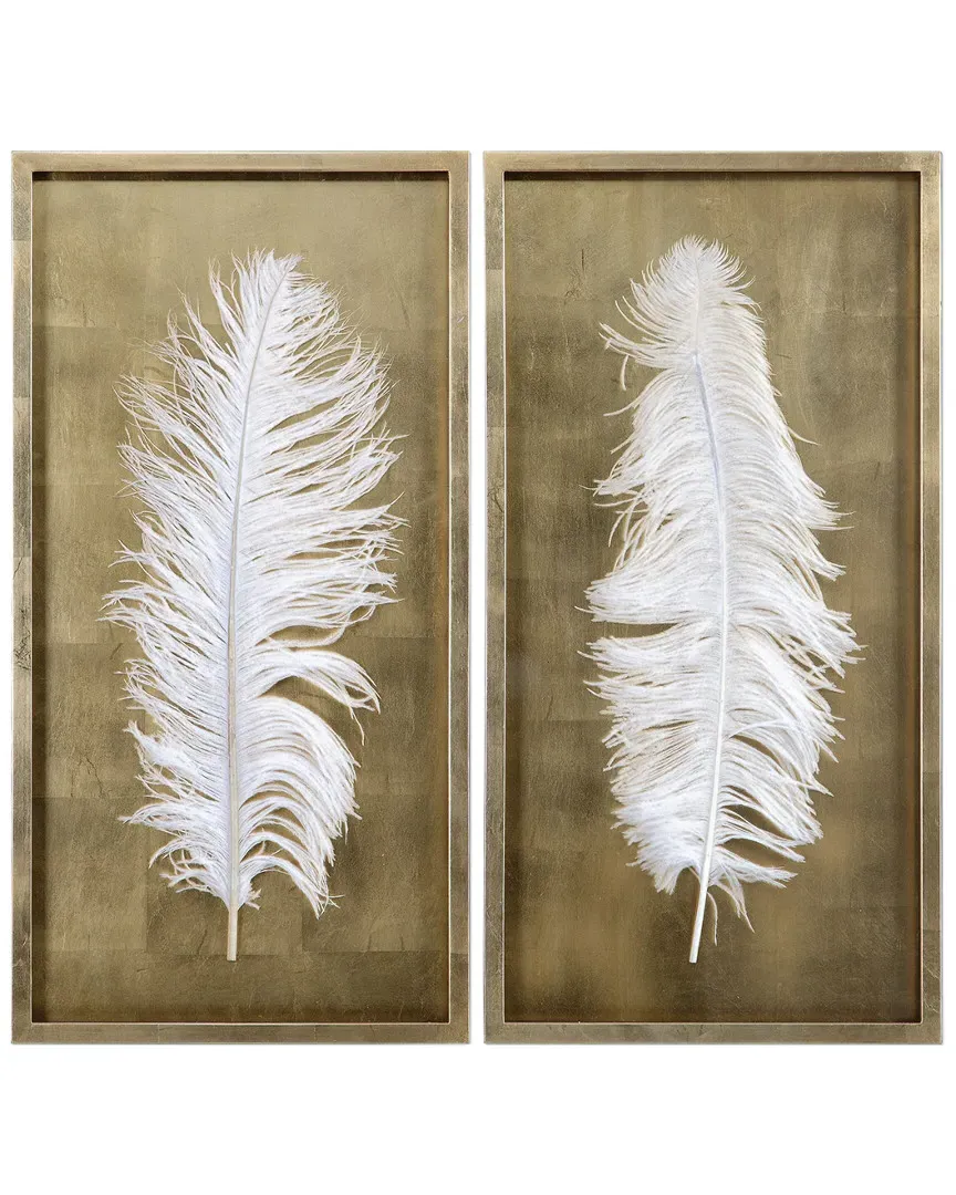 Set of 2 Feathers Shadow Box - White, Pine Wood image