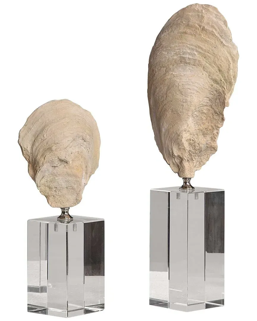 Set of 2 Oyster Shell Sculptures - Silver, Resin