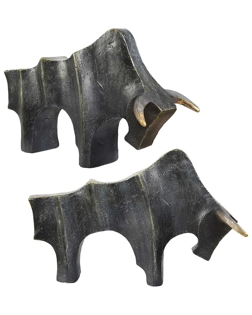 Set of 2 Regal Bull Sculptures - Bronze, Polyresin