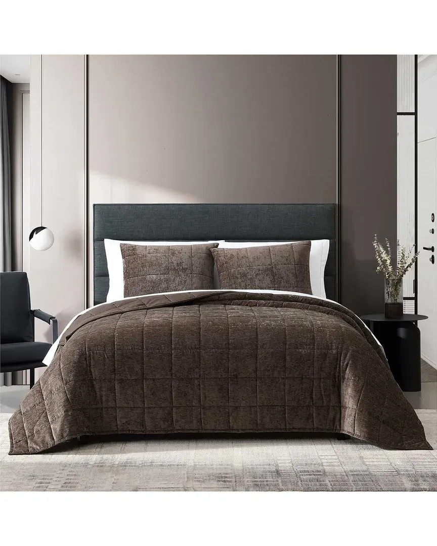 Chenille Box Stitch Reversible Quilt Set - Brown, Polyester image