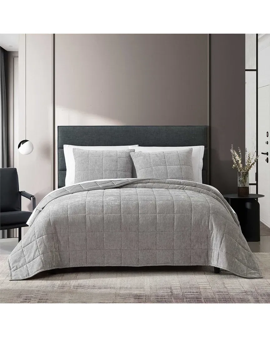 Chenille Box Stitch Reversible Quilt Set - Grey, Polyester