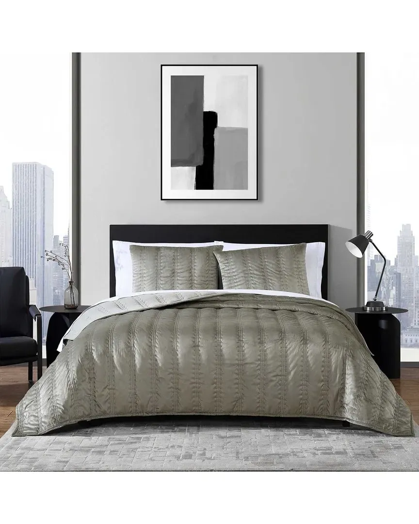 Velvet Linear Stitch Reversible Quilt Set - Silver Leaf