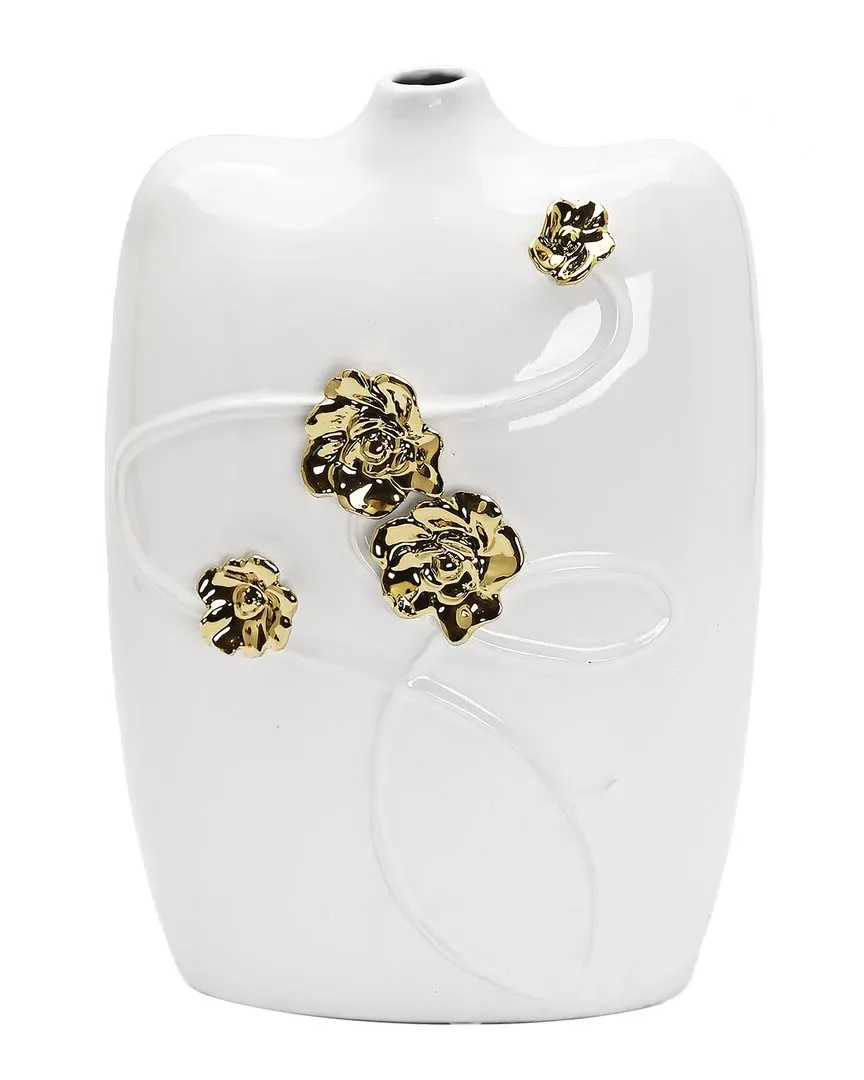 Ceramic Vase with Gold Flower Design - White image