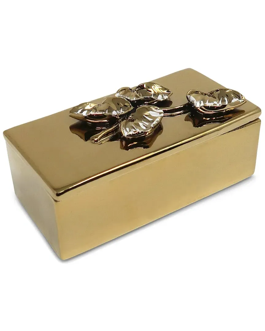 Oblong Decorative Box with Flower Lid - Gold, Metal