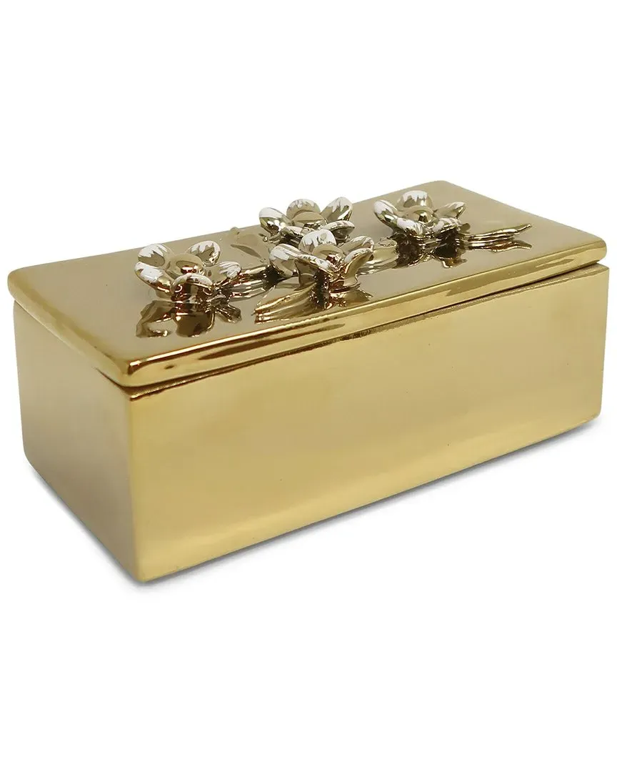 Oblong Decorative Box with Flower Lid - Gold, Metal image