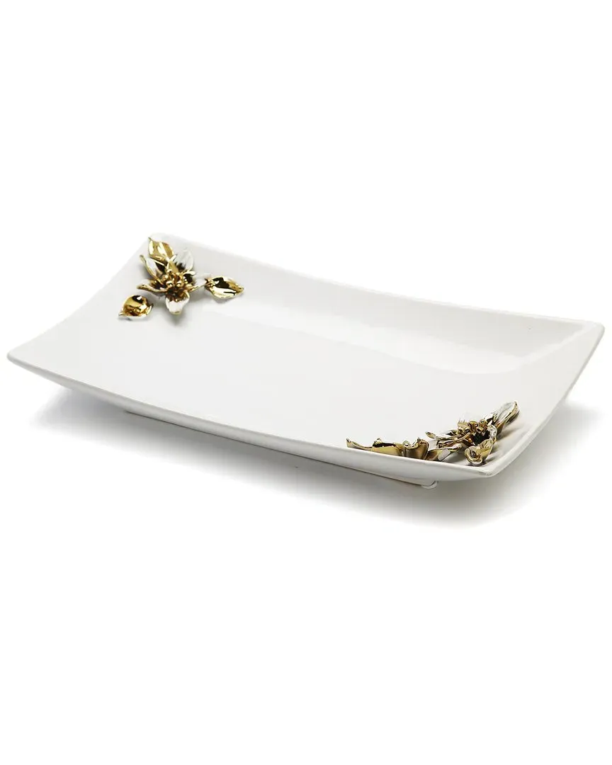 Porcelain Tray with Gold Flower Detail - White