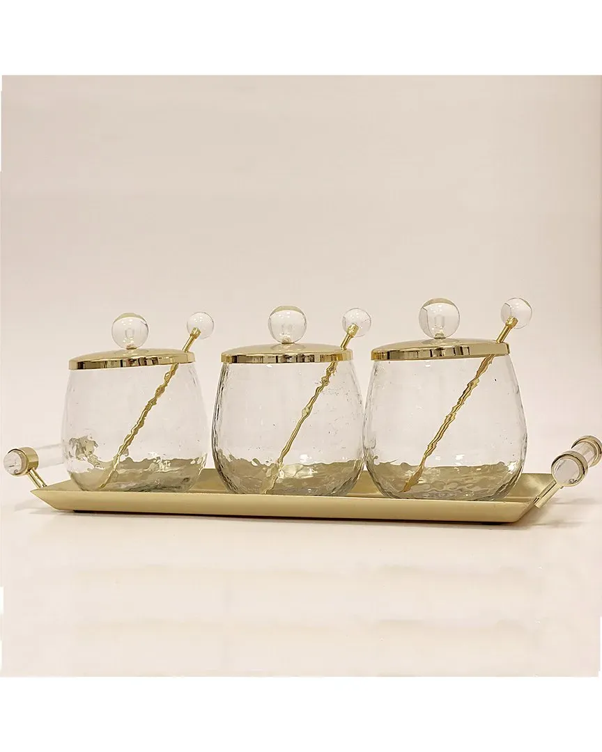 Set of 3 Canisters on Rectangle Tray with Ball Knobs - Gold image