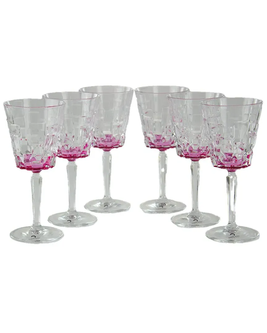Set of 6 Water Glasses with Bottom Detail - Pink, Glass