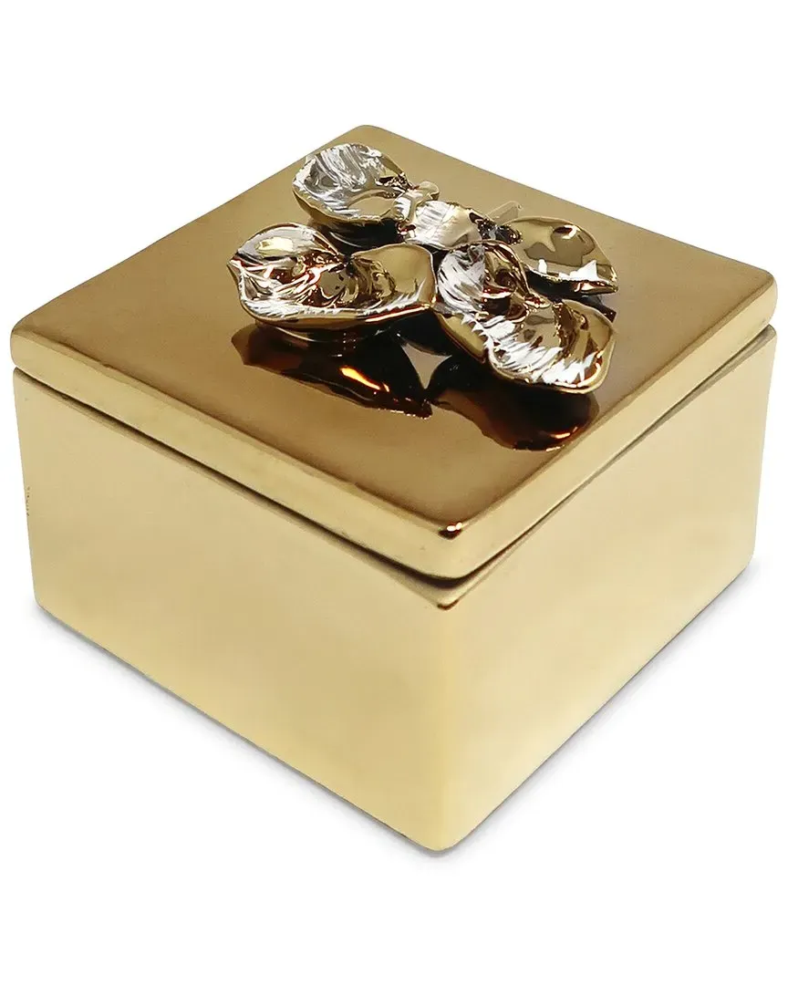 Square Decorative Box with Flower Lid - Gold, Metal
