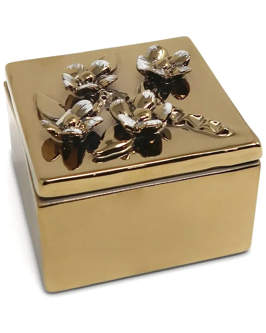 Square Decorative Box with Flower Lid - Gold, Metal image