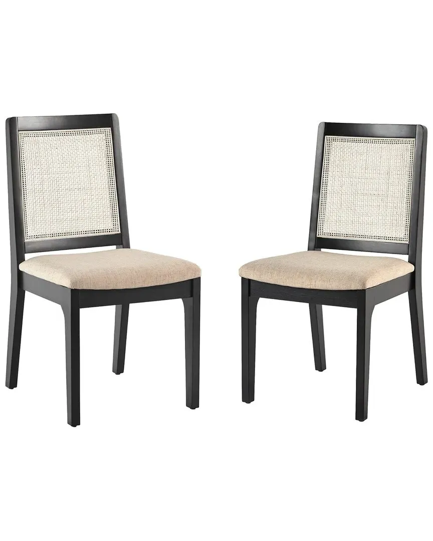 Set of 2 Solid Wood Dining Chairs with Rattan Inset - Black