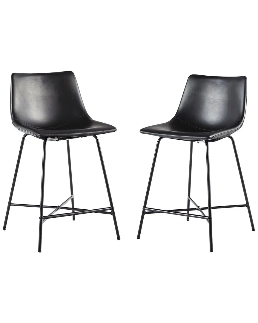 Set of 2 Upholstered Counter Stools with Metal X Base - Black