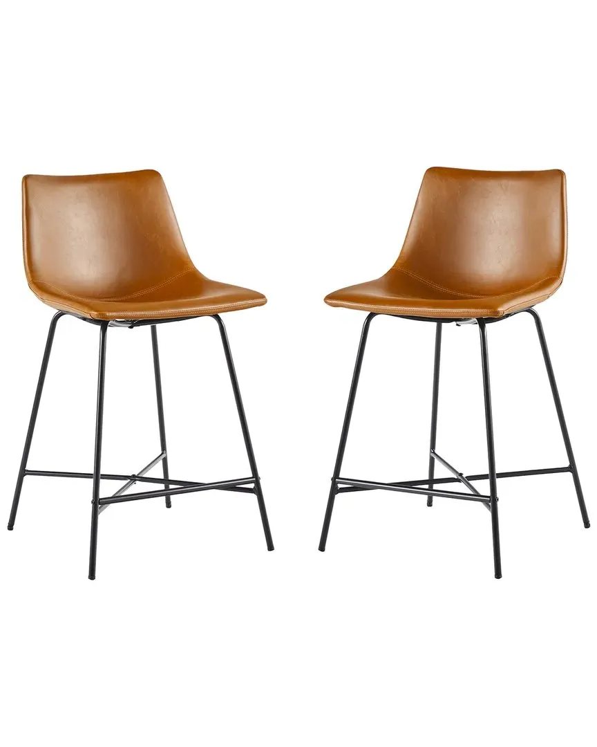 Set of 2 Upholstered Counter Stools with Metal X Base - Brown