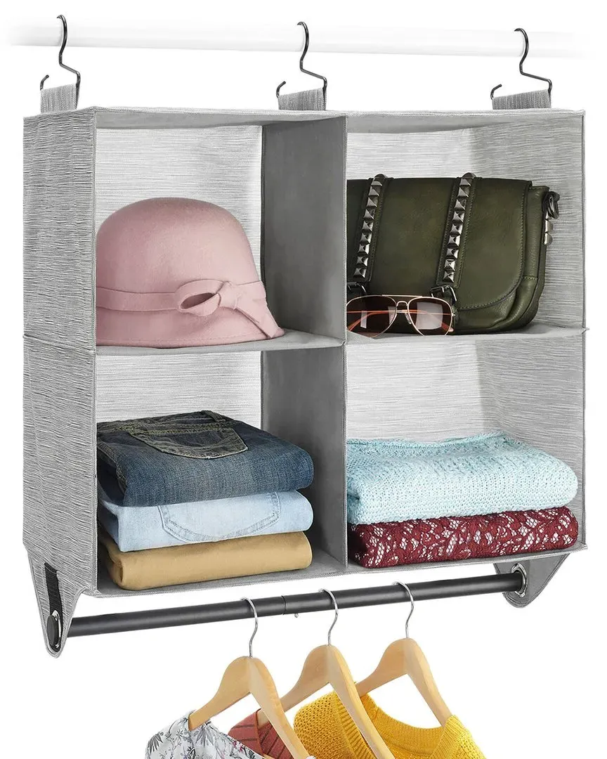 4-Section Fabric Closet Organizer with Garment Rod - Grey image