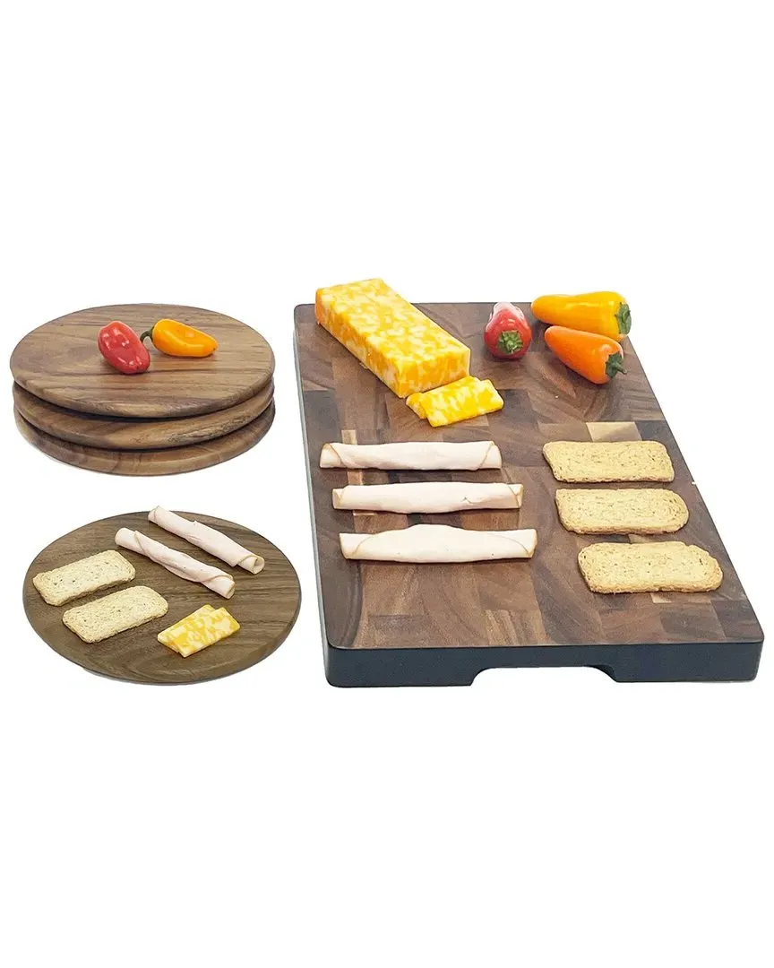 15.75in Acacia Wood Serving Tray with Plates - Brown