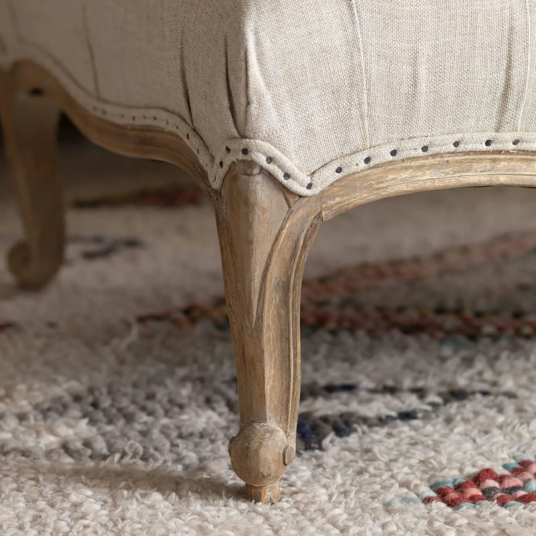 Aalis Ottoman with Carved Legs - Natural, Linen