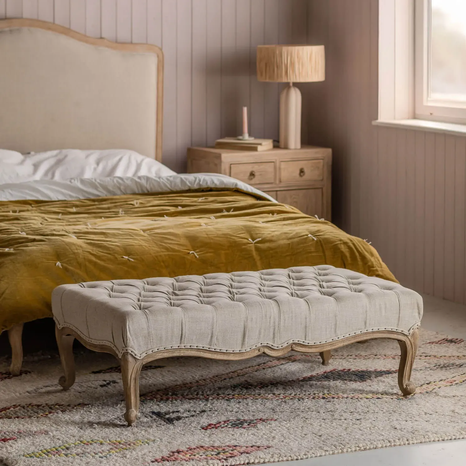 Aalis Ottoman with Carved Legs - Natural, Linen image