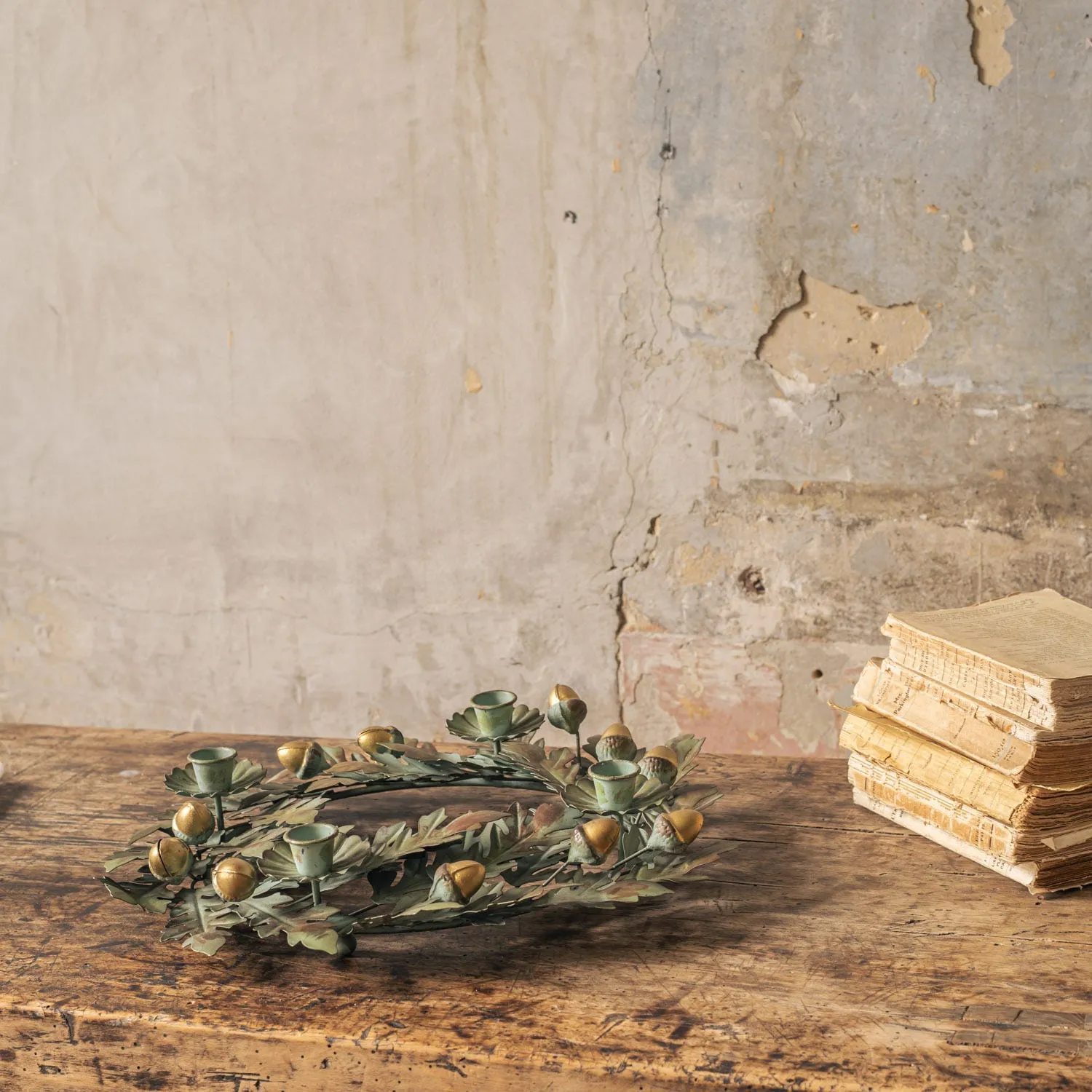 Acorn Wreath Candle Holder - Green, Metal