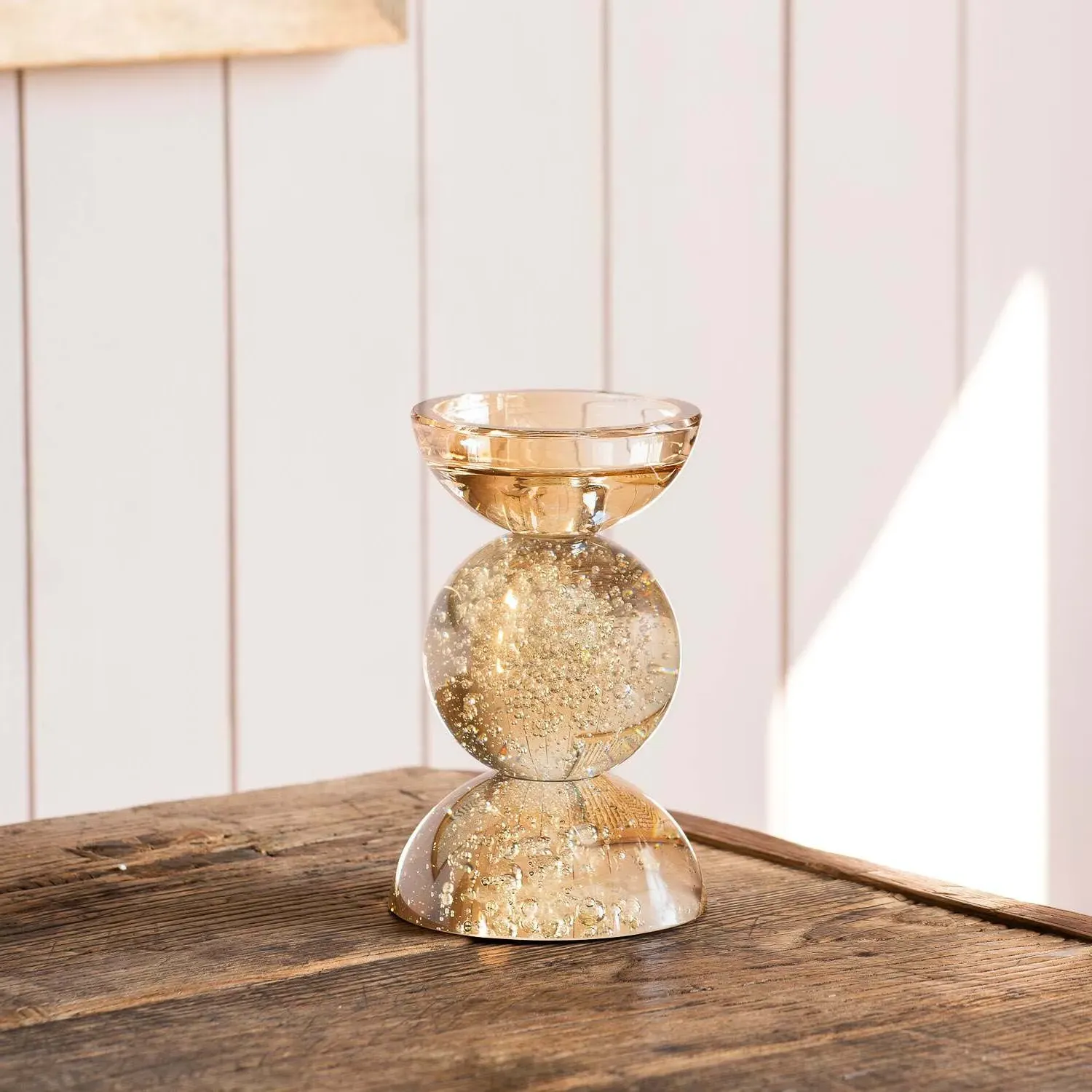 Amber Short Bubble Glass Candle Holder - Amber