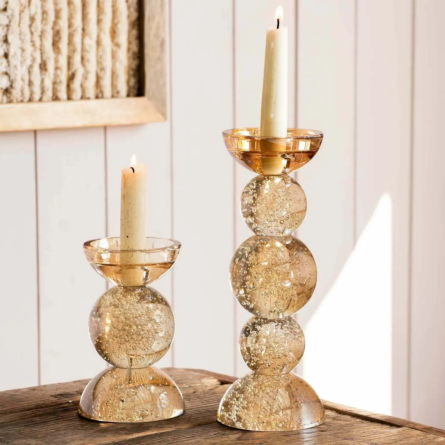 Amber Short Bubble Glass Candle Holder - Amber