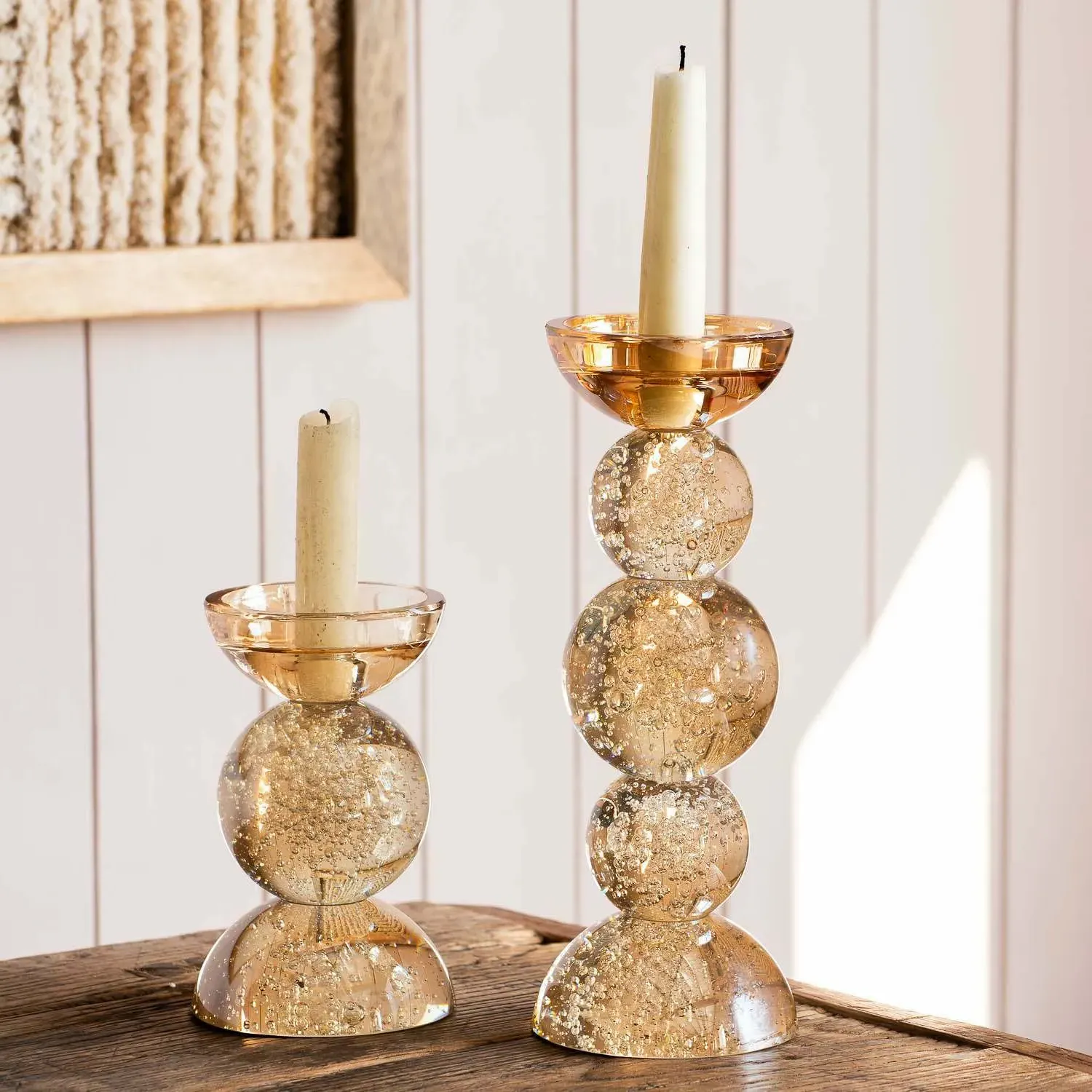 Amber Tall Bubble Glass Candle Holder - Amber
