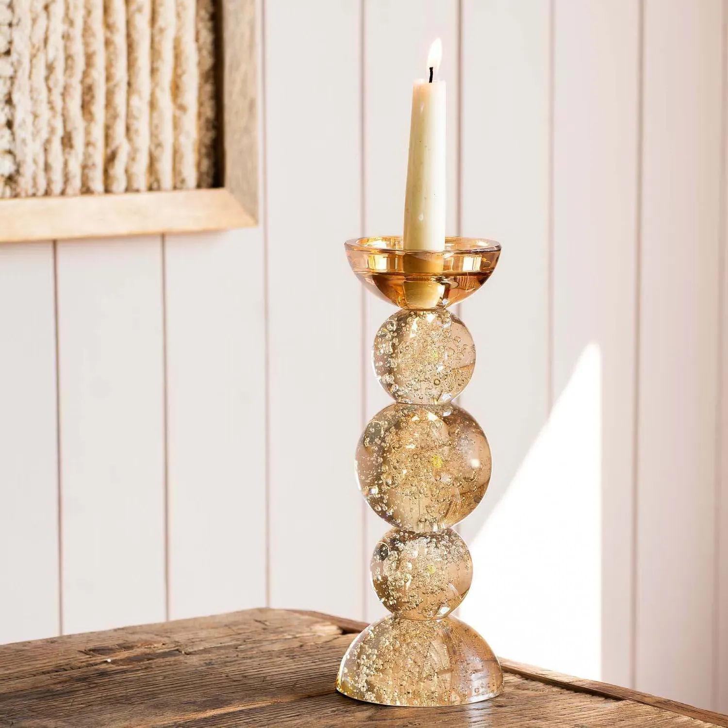 Amber Tall Bubble Glass Candle Holder - Amber
