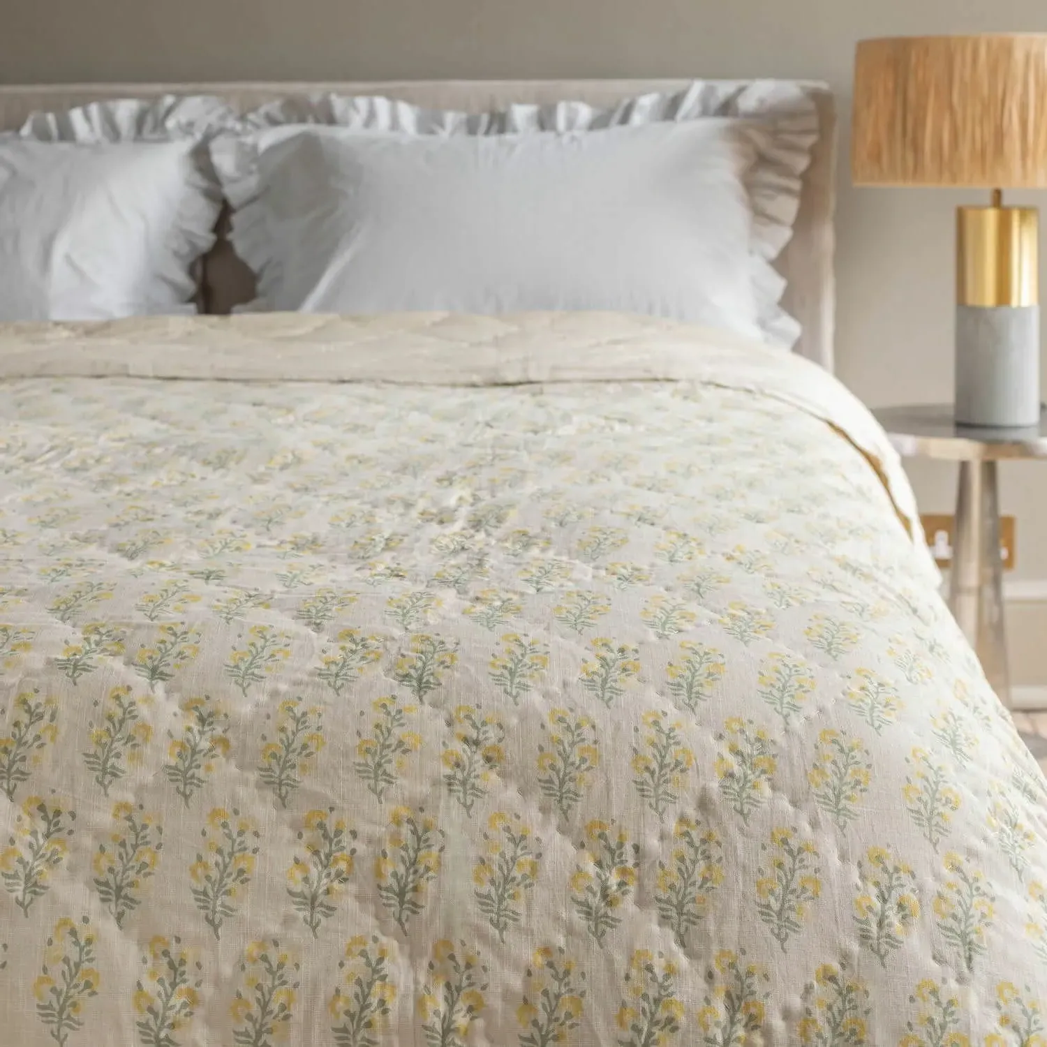 Amelia Floral Block Printed King Size Quilt - Cotton