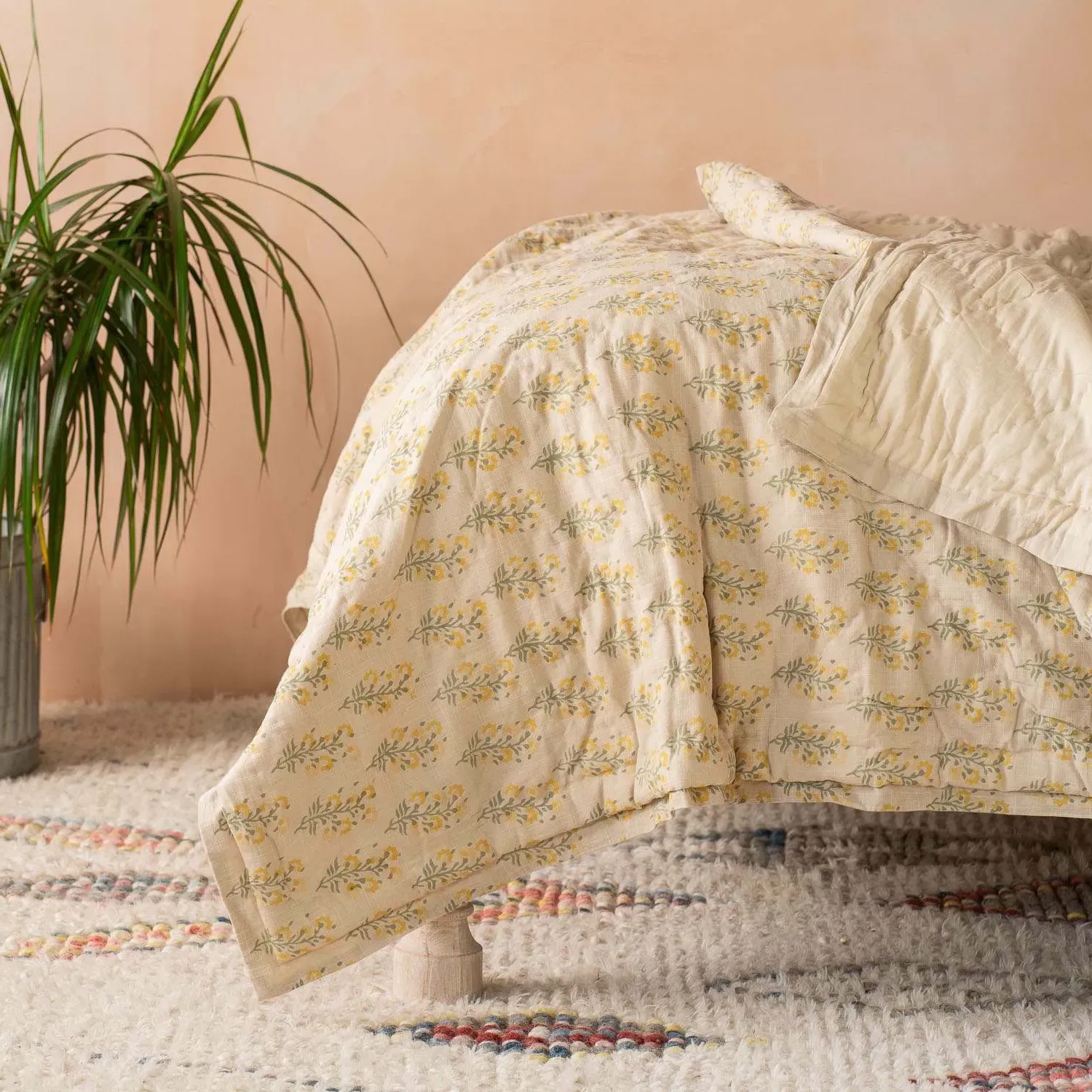 Amelia Floral Block Printed King Size Quilt - Cotton