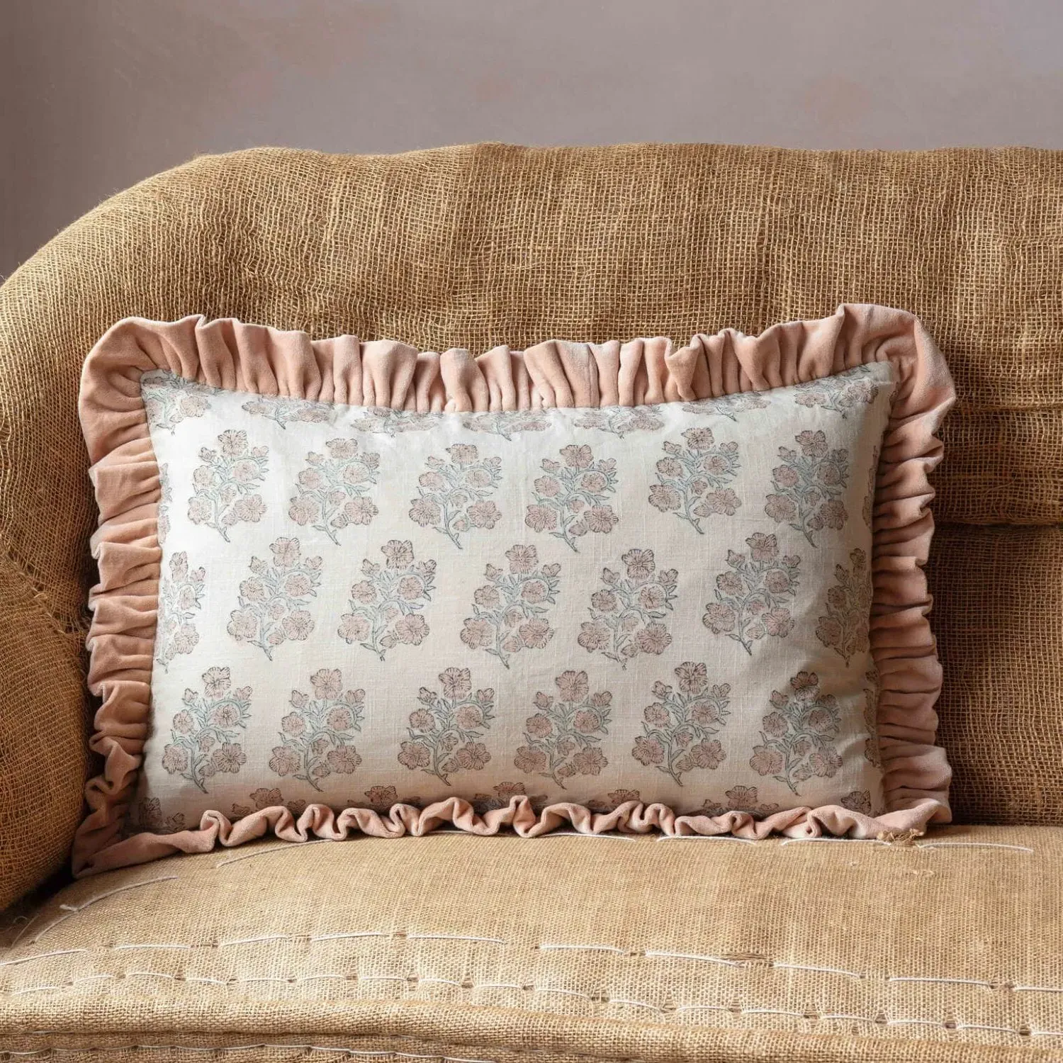 Amelia Floral Block Printed Large Rectangular Cushion - Cotton