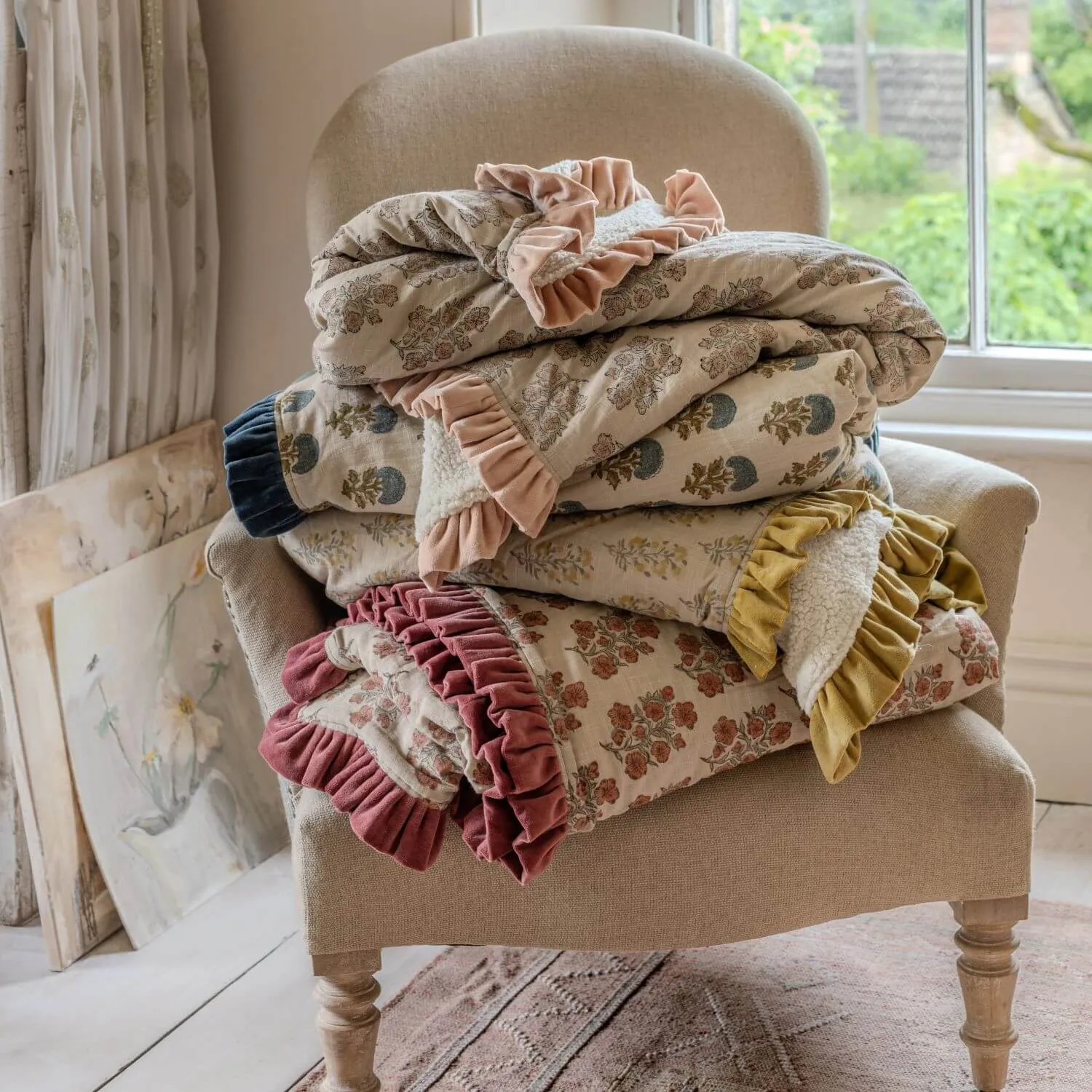 Amelia Floral Block Printed Sherpa Throw - Cotton