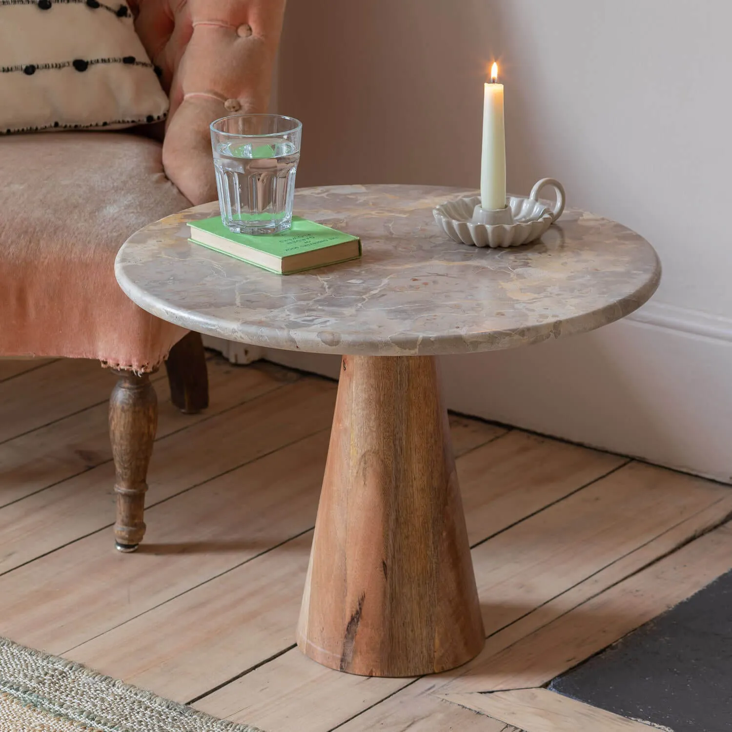Anderson Round Side Table - White Marble, Mango Wood