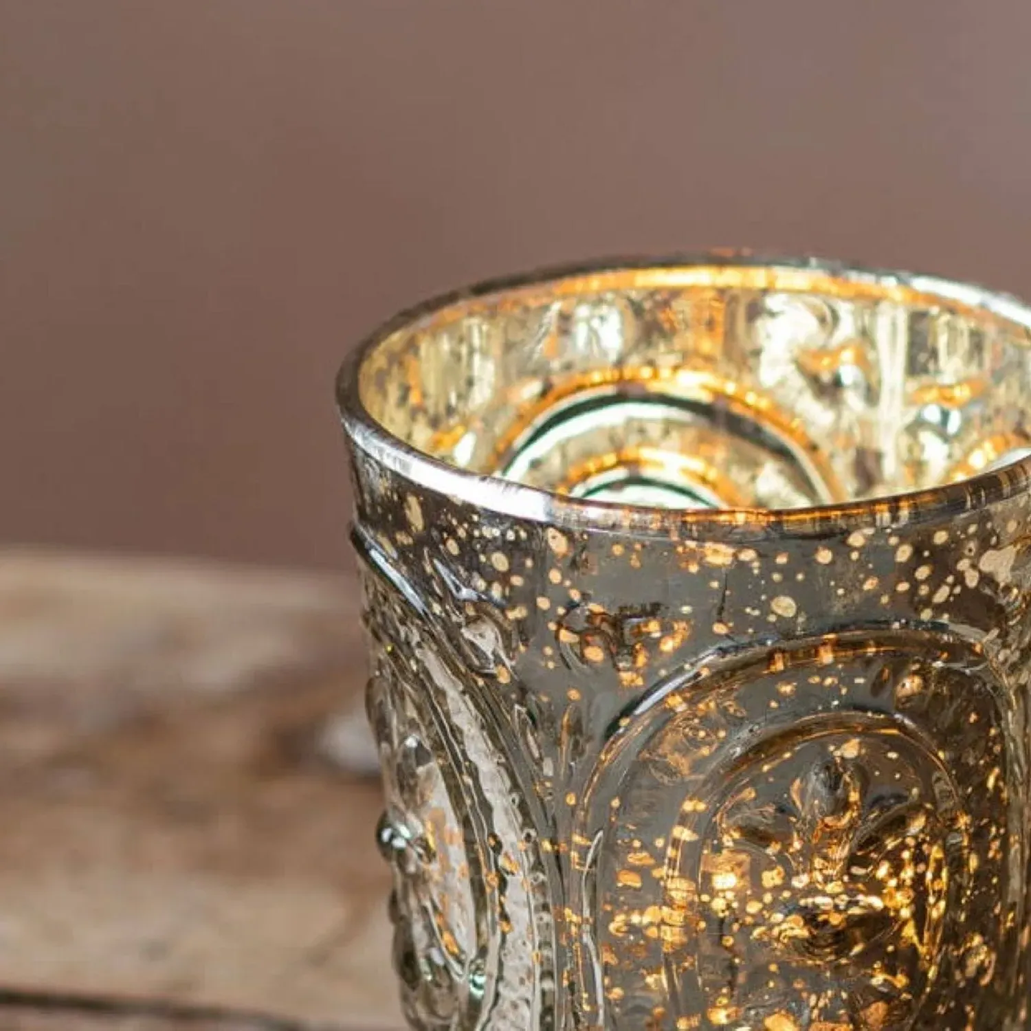 Antique Silver Embossed Tealight Holder - Silver, Glass