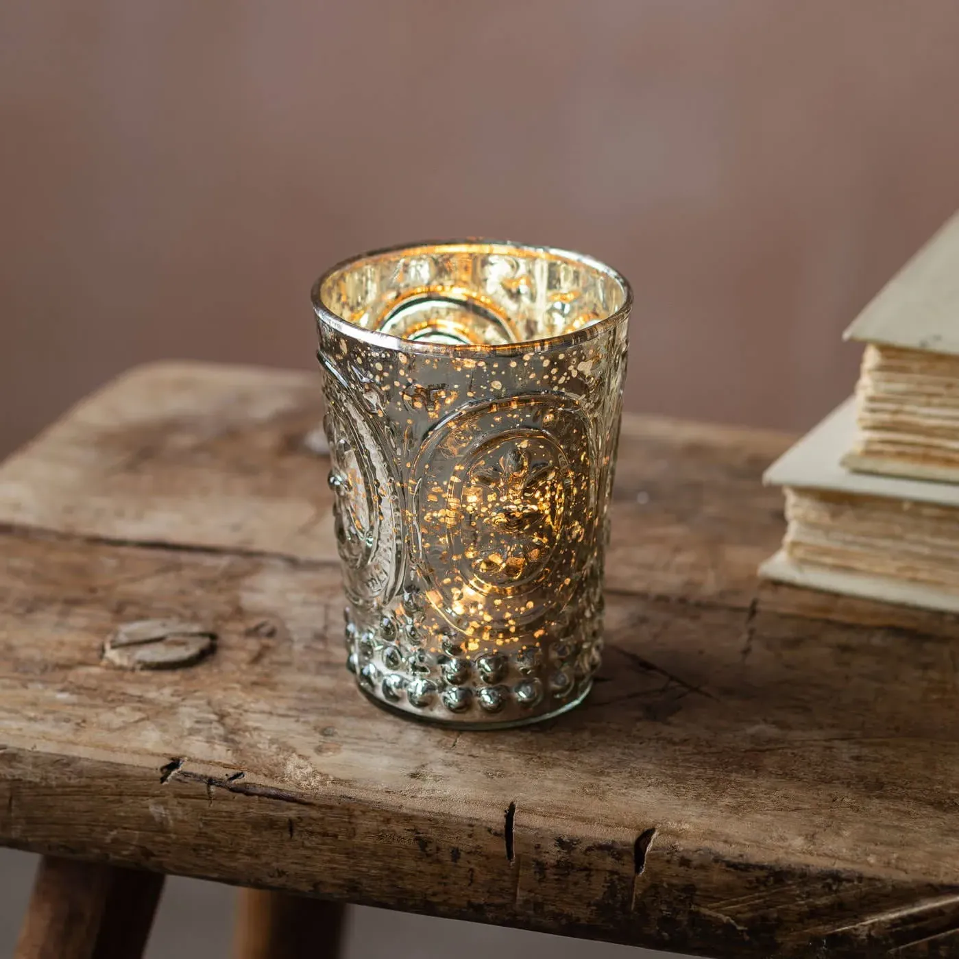 Antique Silver Embossed Tealight Holder - Silver, Glass