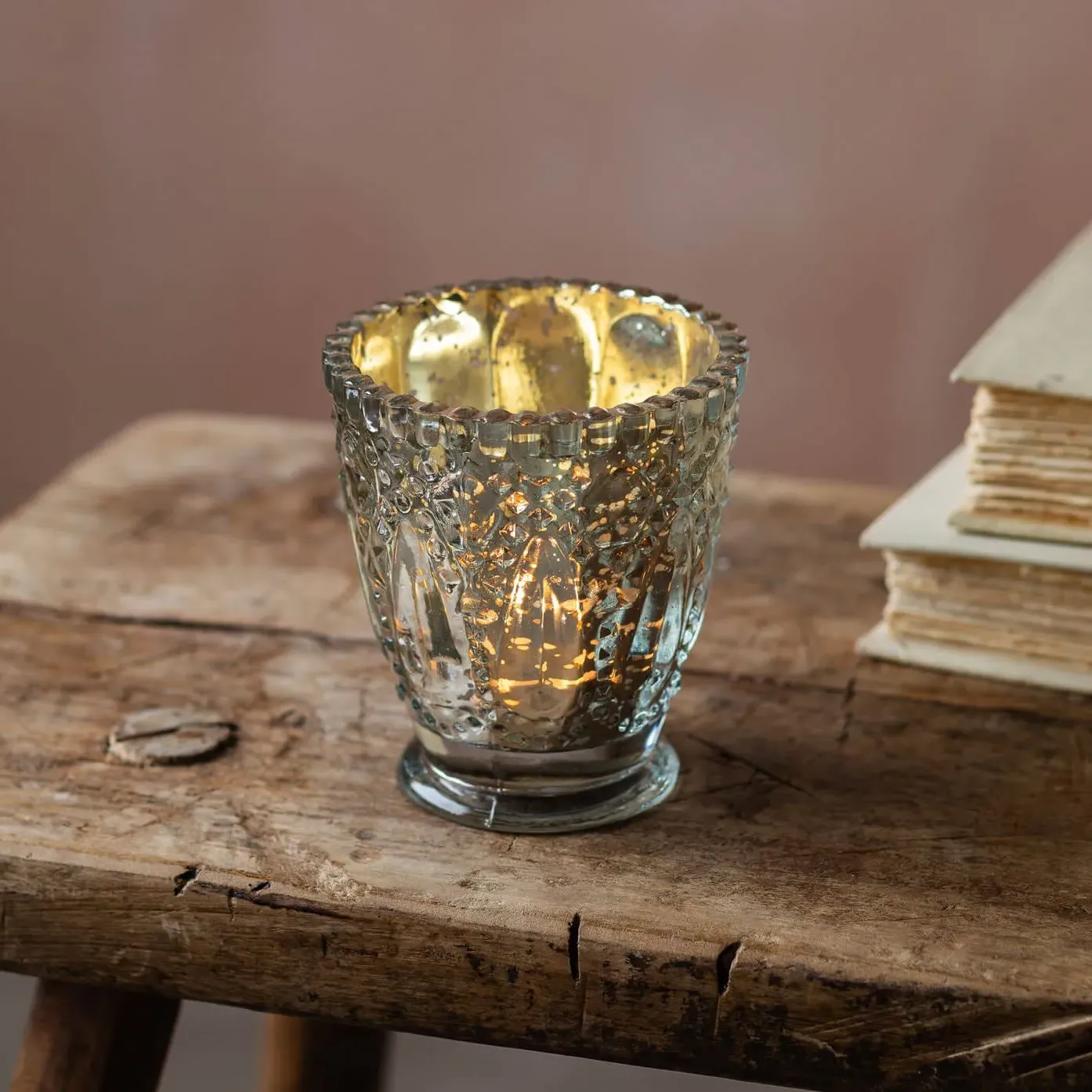 Antique Silver Ornate Tealight Holder - Silver, Glass