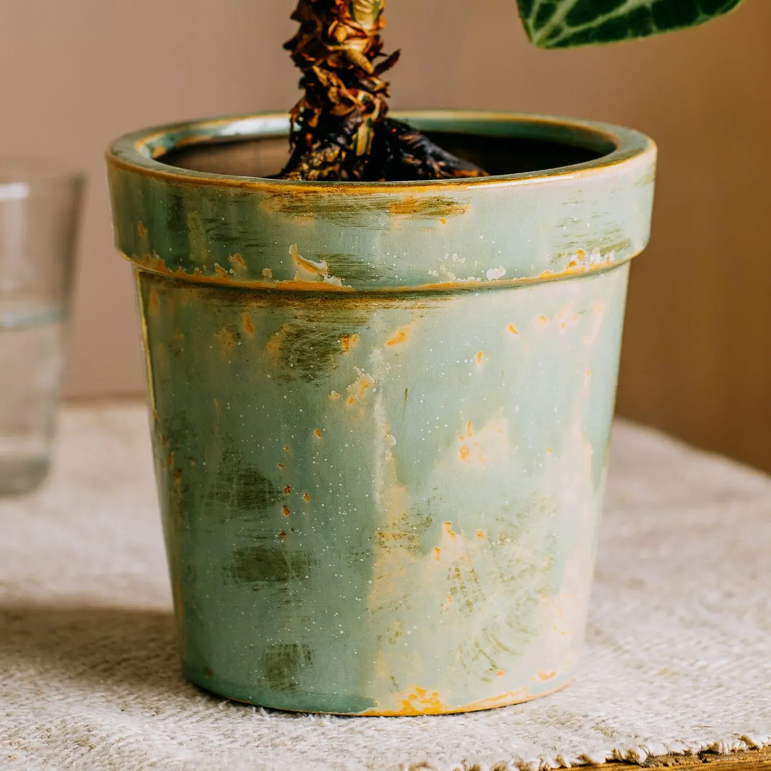 Antiqued Large Plant Pot - Green, Ceramic