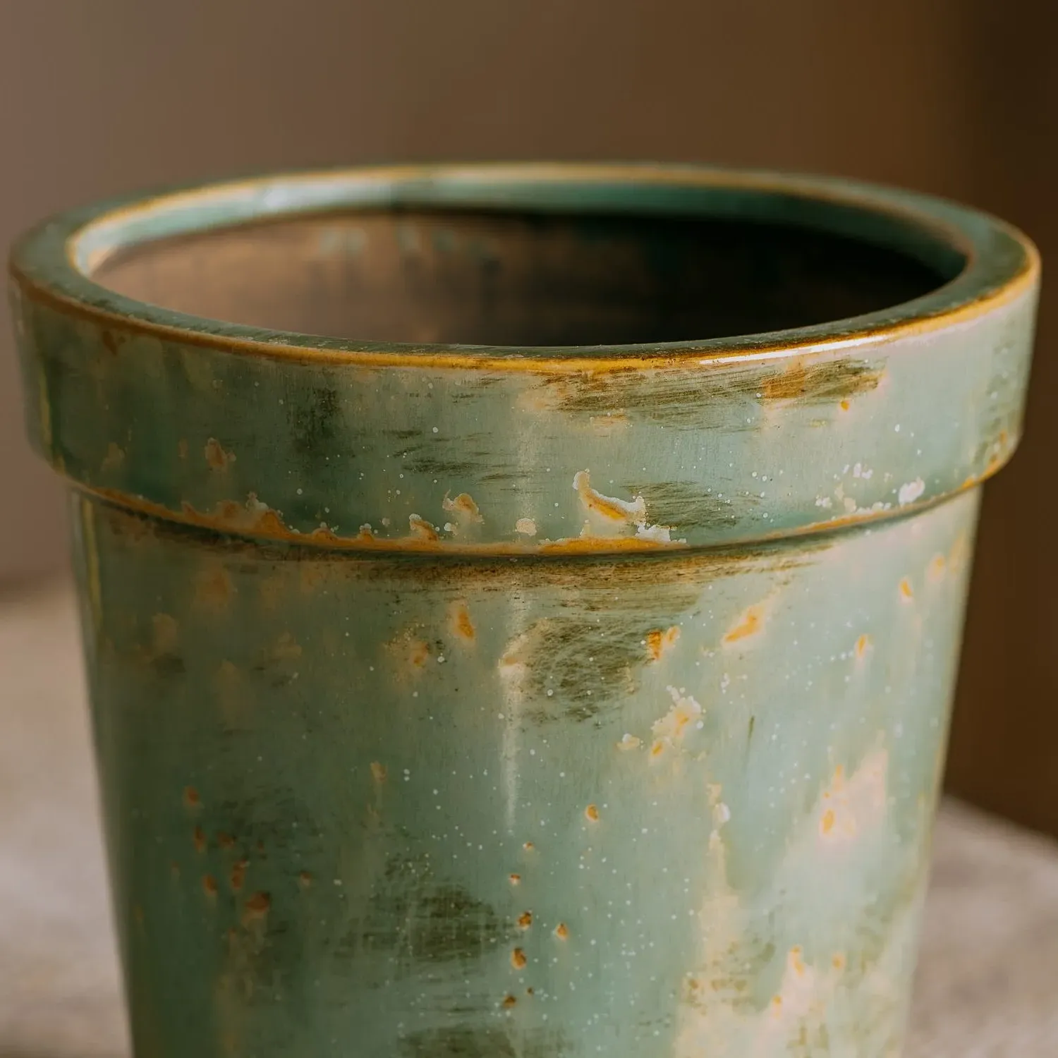 Antiqued Large Plant Pot - Green, Ceramic
