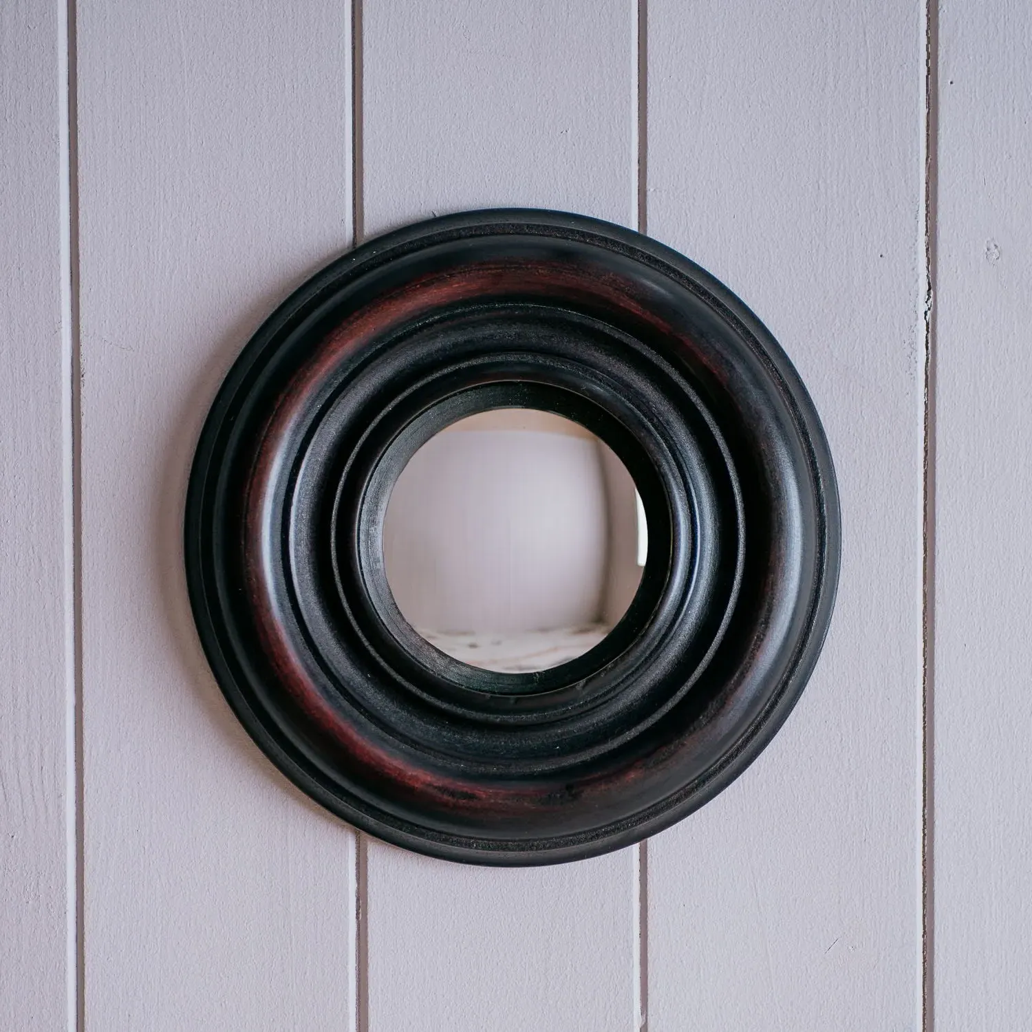 Antiqued Large Round Convex Wall Mirror - Black