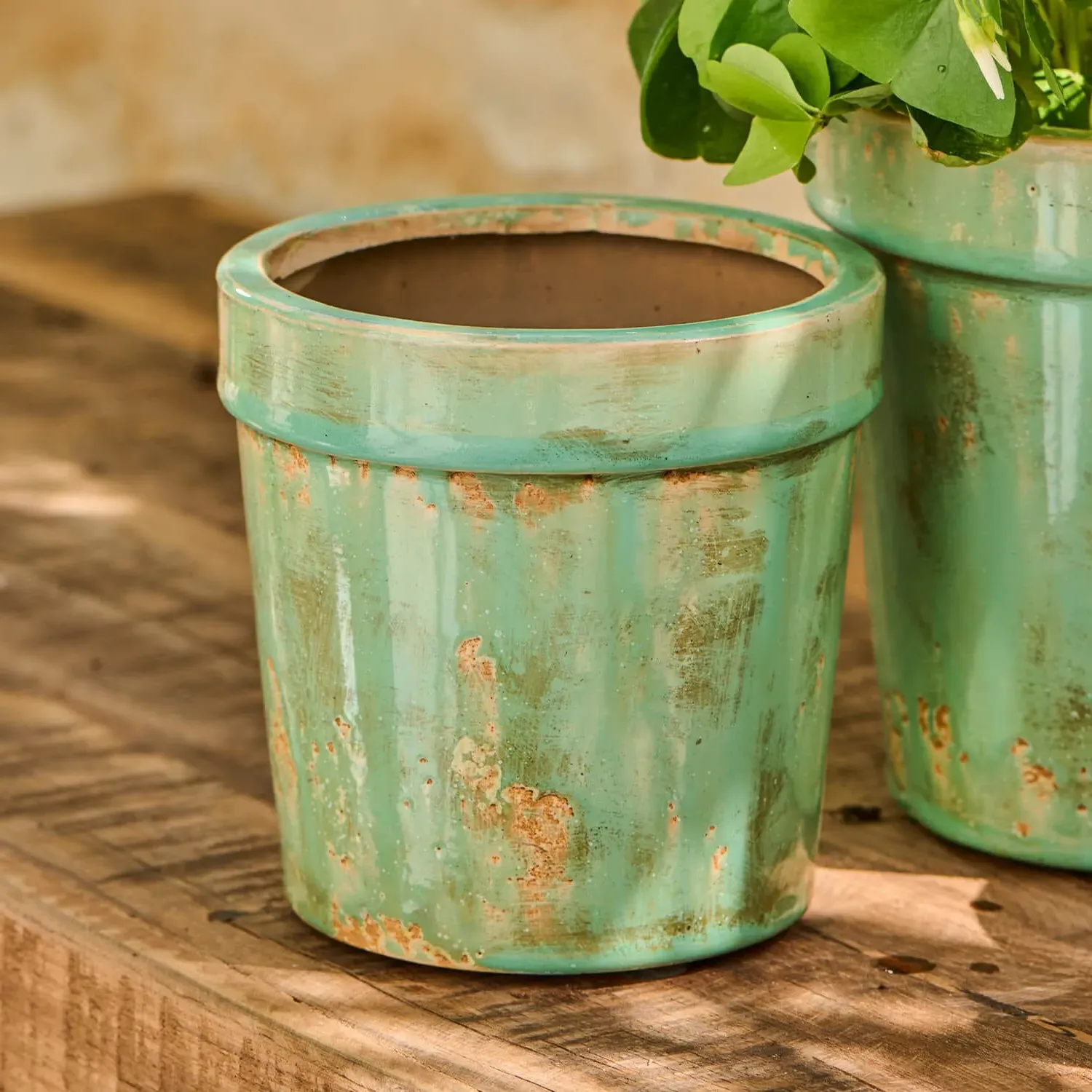 Antiqued Small Plant Pot - Green, Ceramic image