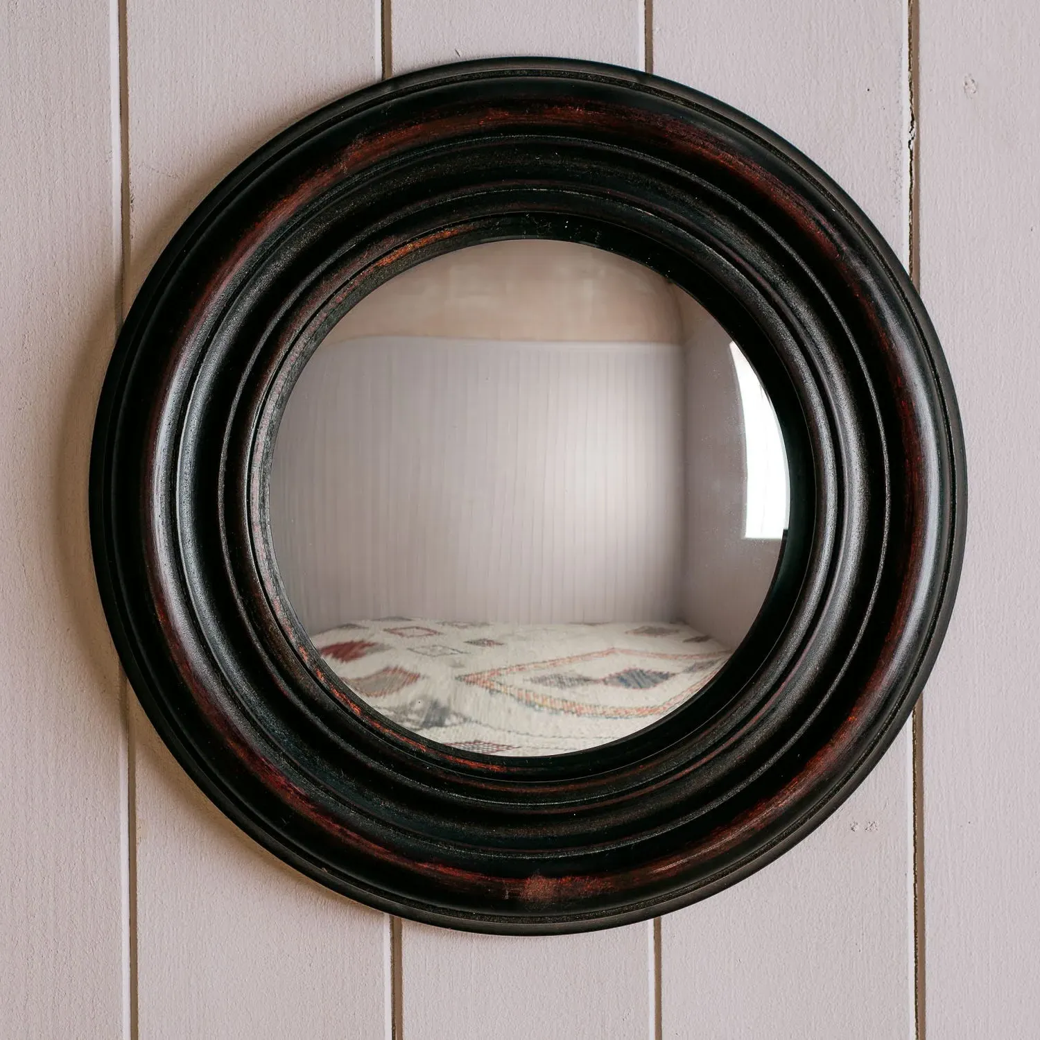 Antiqued Small Round Convex Wall Mirror - Black