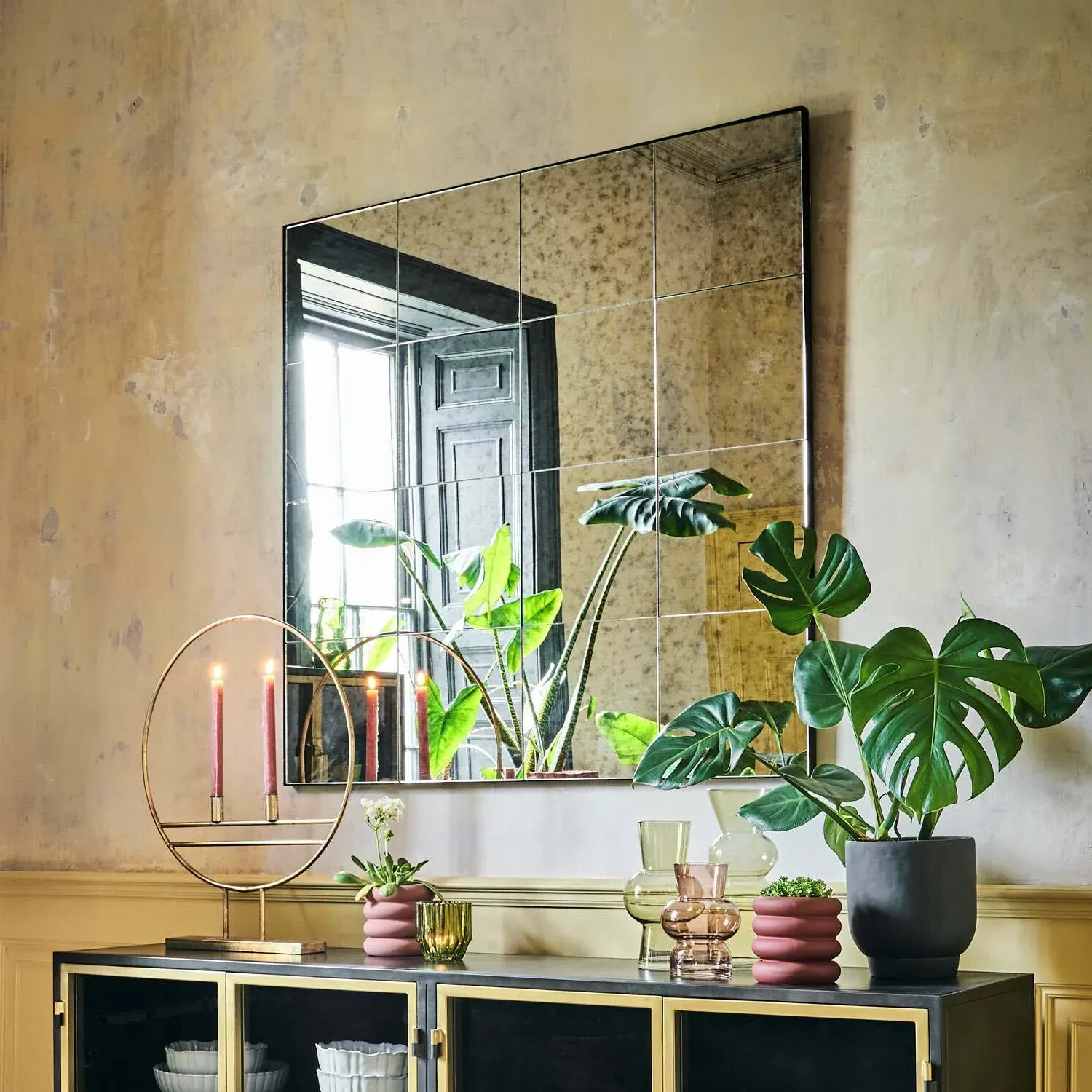 Antiqued Squares Wall Mirror - Iron, Glass