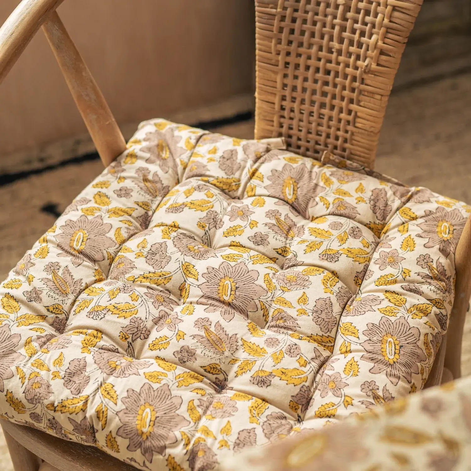 Arabella Block Printed Seat Pad - Mustard