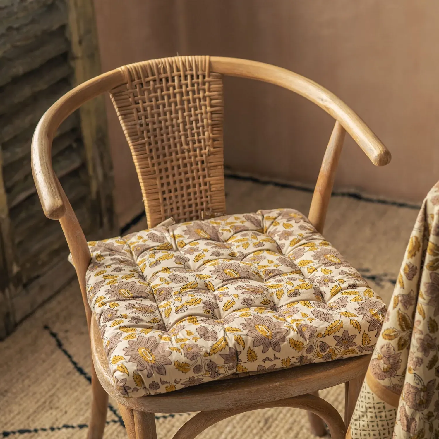 Arabella Block Printed Seat Pad - Mustard