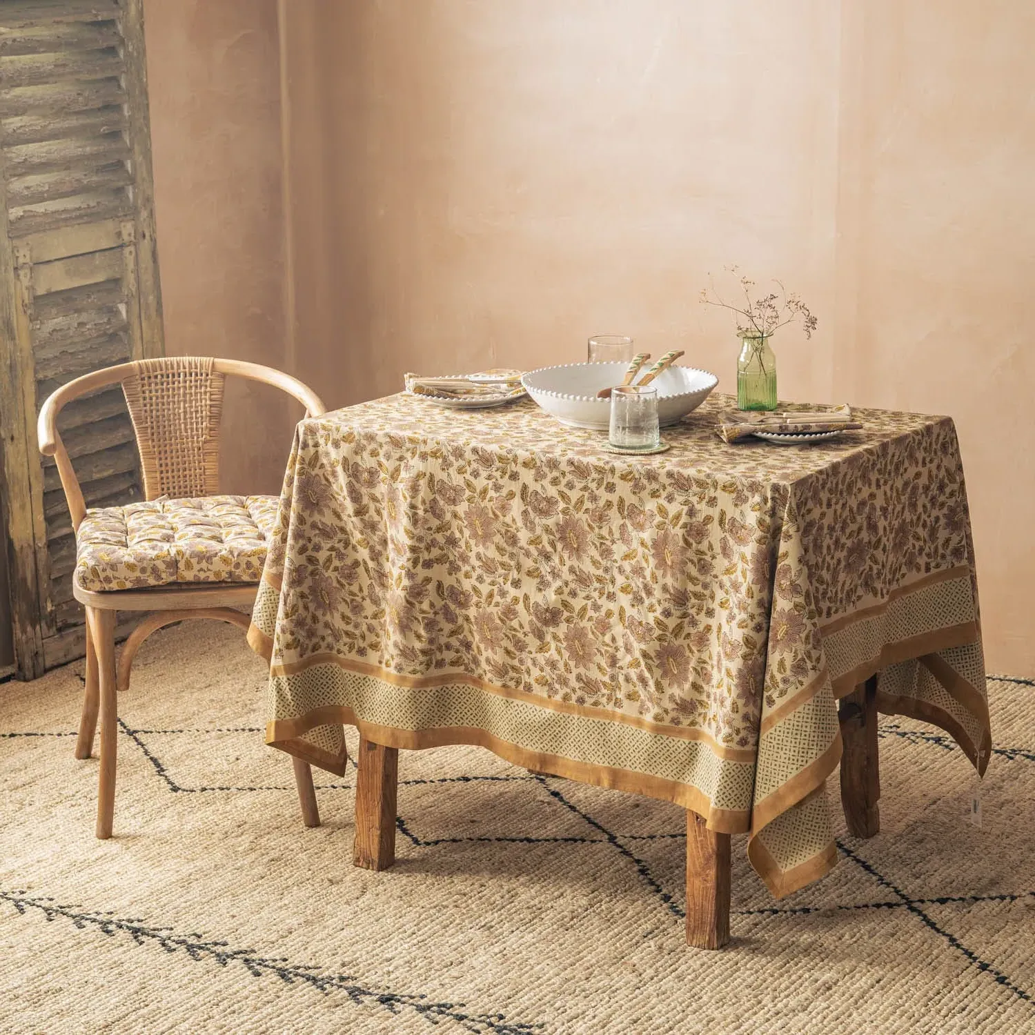 Arabella Block Printed Table Cloth - Mustard