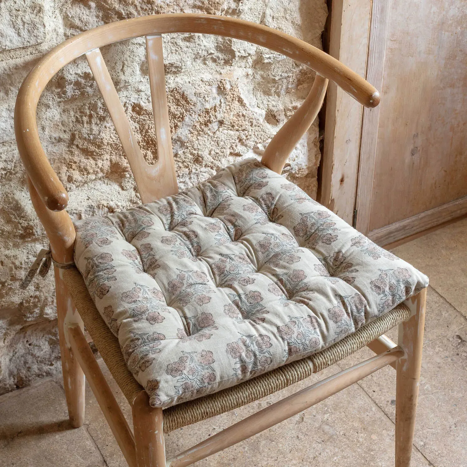 Asta Floral Block Printed Seat Pad with Ties - Cotton