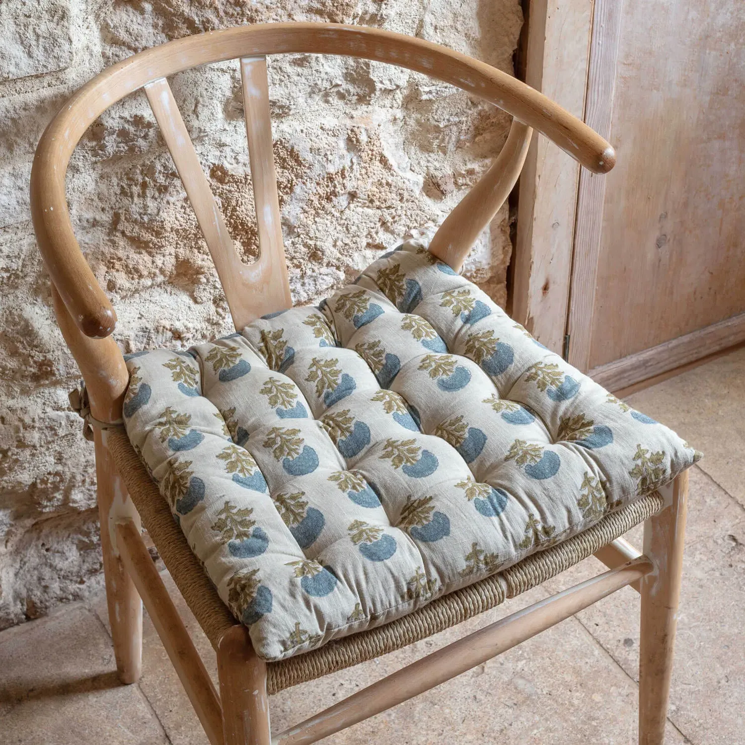 Asta Floral Block Printed Seat Pad with Ties - Cotton