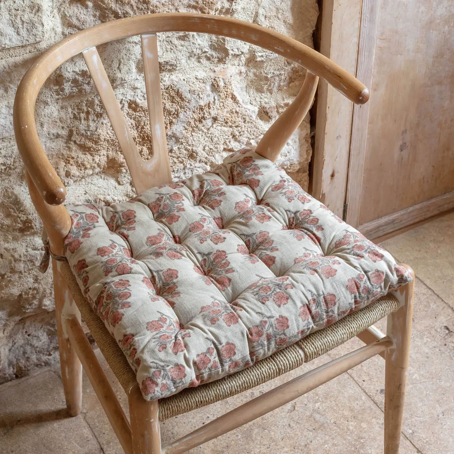 Asta Floral Block Printed Seat Pad with Ties - Cotton