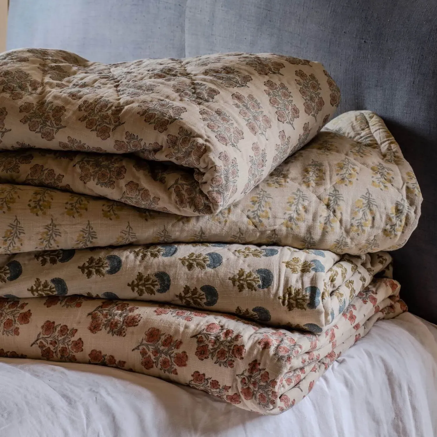 Asta King Size Floral Block Printed Quilt - Cotton