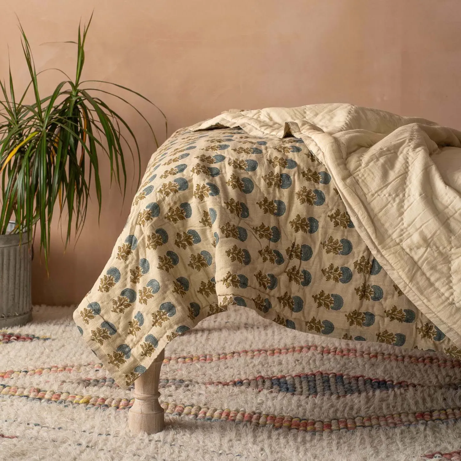 Asta King Size Floral Block Printed Quilt - Cotton