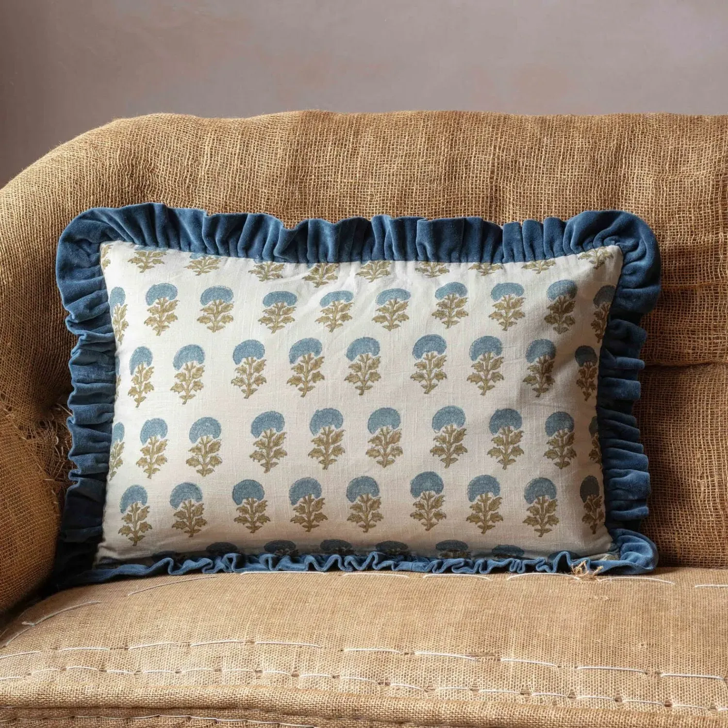 Asta Large Rectangular Floral Block Printed Cushion - Cotton