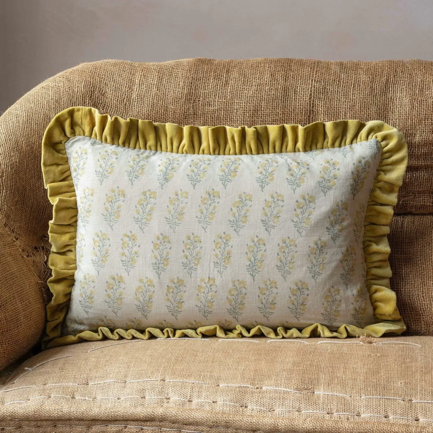 Asta Large Rectangular Floral Block Printed Cushion - Cotton